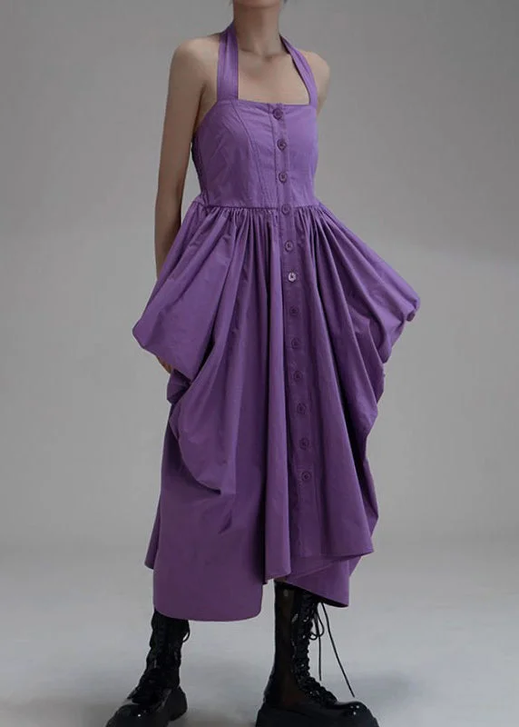New Purple Asymmetrical Wrinkled Button Cotton Long Dress Sleeveless