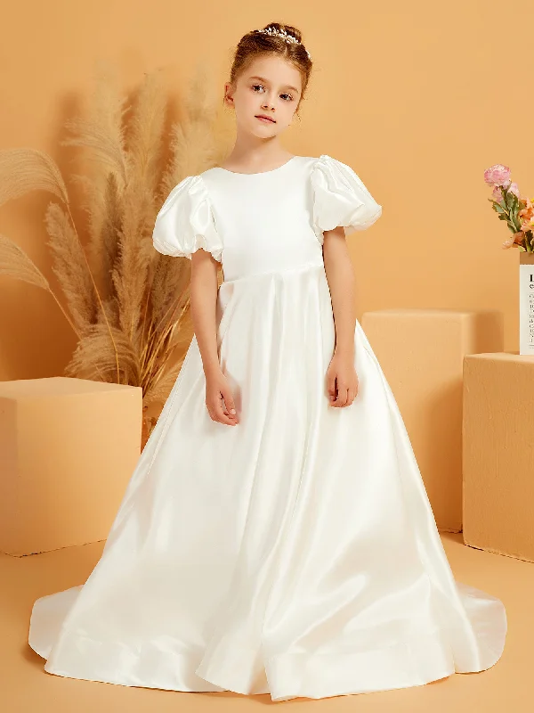 A-Line Pleated Satin Flower Girl Dress Ivory