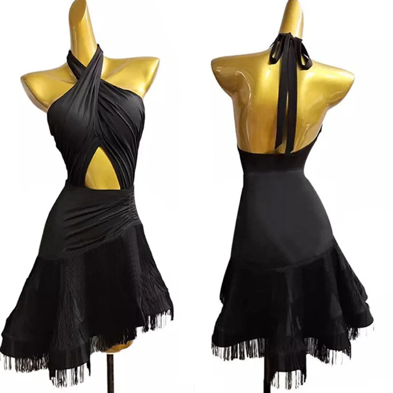 Crinolined Fringed Black Latin Dress | LQ474