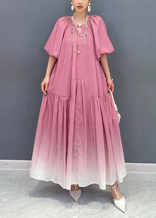 Stylish Gradient Pink Puff Sleeve Wrinkled Patchwork Cotton Long Dresses
