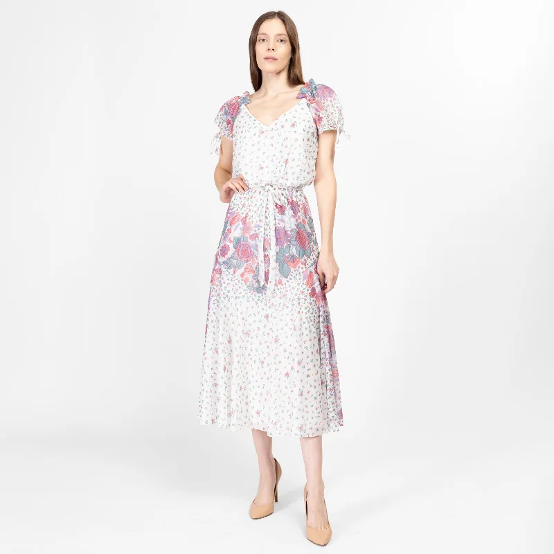 Medium 70s Boho White Floral Ankle Length Blouson Dress