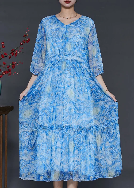 Classy Blue Ruffled Print Chiffon Long Dress Summer