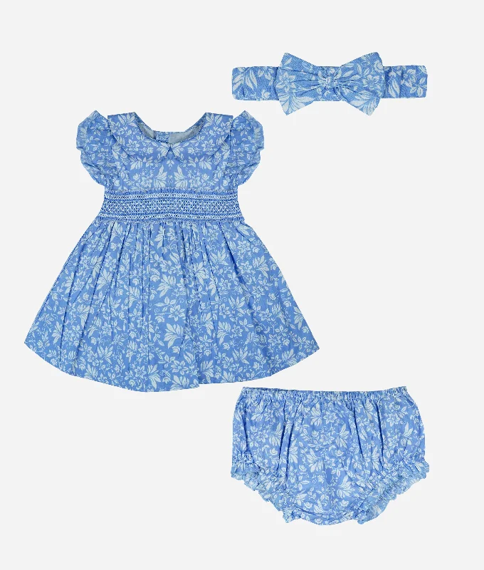 Blue Floral Smocked Girls Dress - 3pcs Set