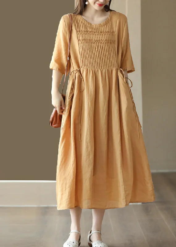 Simple Yellow O-Neck Patchwork Linen Long Dresses Summer
