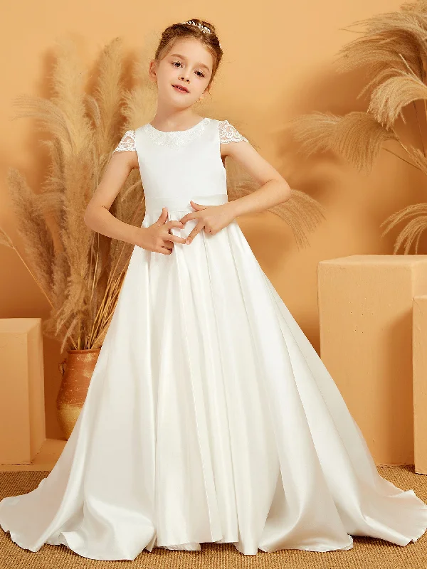 Cap Sleeve Satin Floor-length Flower Girl Dress Ivory