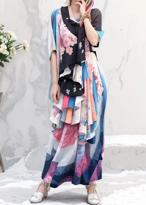 Original Colorblock Print Wrinkled Silk Long Dress Half Sleeve