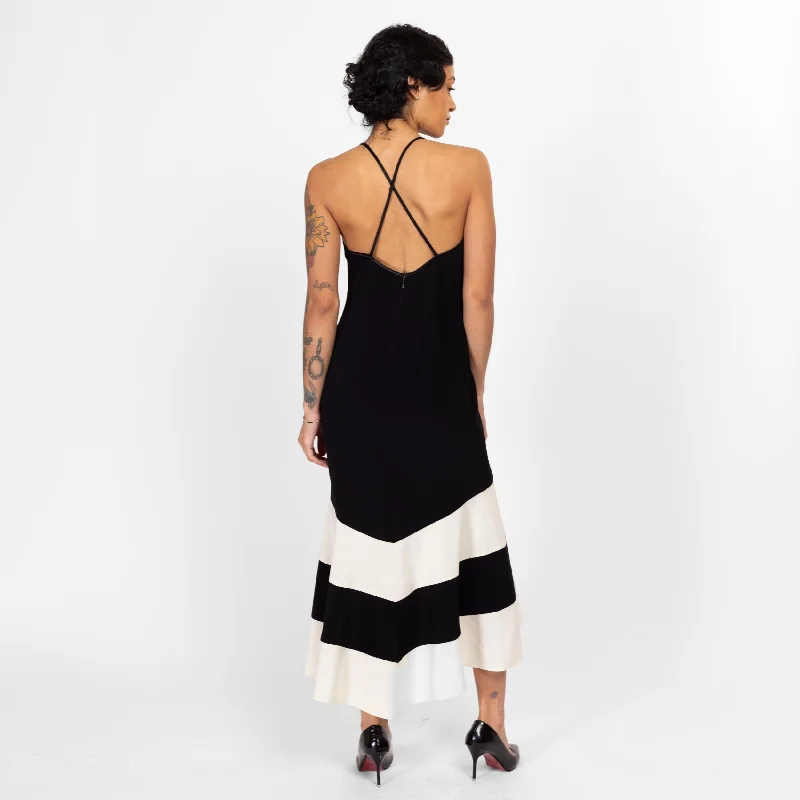 Medium 80s Cache Black & White Cross Back Trumpet Skirt Dress