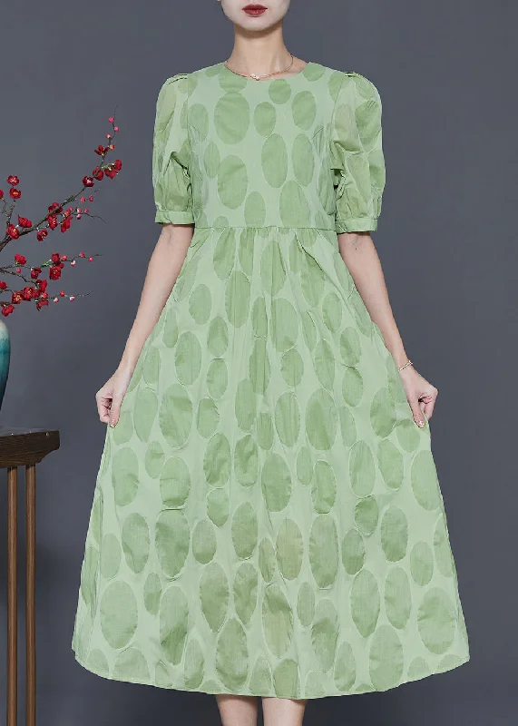 Stylish Green Silm Fit Cotton Long Dress Puff Sleeve