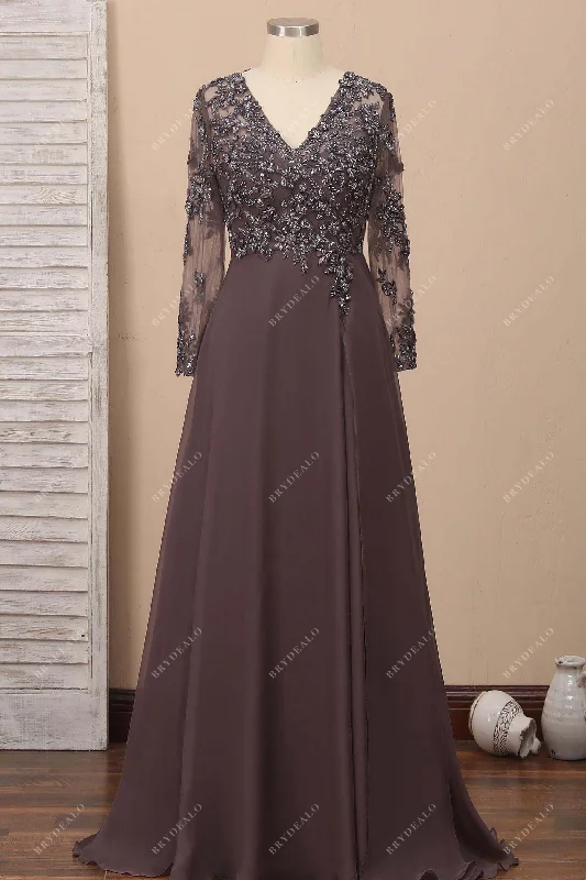 Brown Beaded Chiffon Plus Size Evening Dress