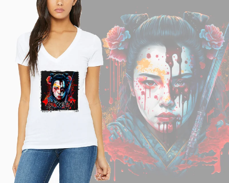 Art Society GEISHA WARRIOR VOL. 1 WOMENS V-NECK TEE WHITE Solid Color Striped Floral Art Society GEISHA WARRIOR VOL. 1 WOMENS V-NECK TEE WHITE Solid Color Striped Floral