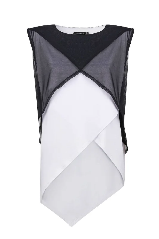 Asymmetrical white shirt with black mesh top Silk Blend Satin Velvet