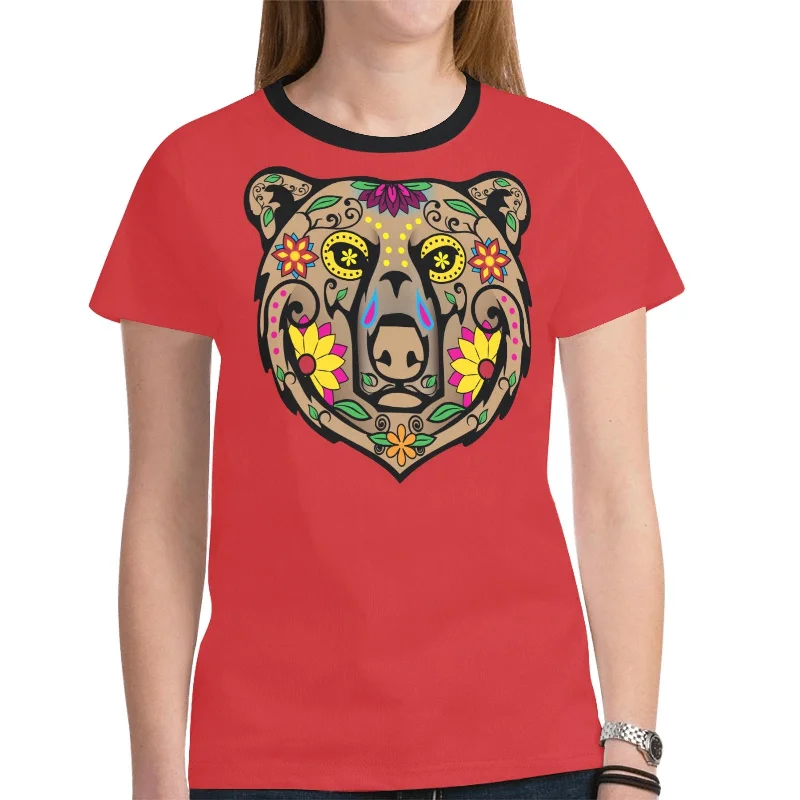 Bear Spirit Guide (Red) T-shirt for Women Denim Fabric Leather Fabric Suede Fabric