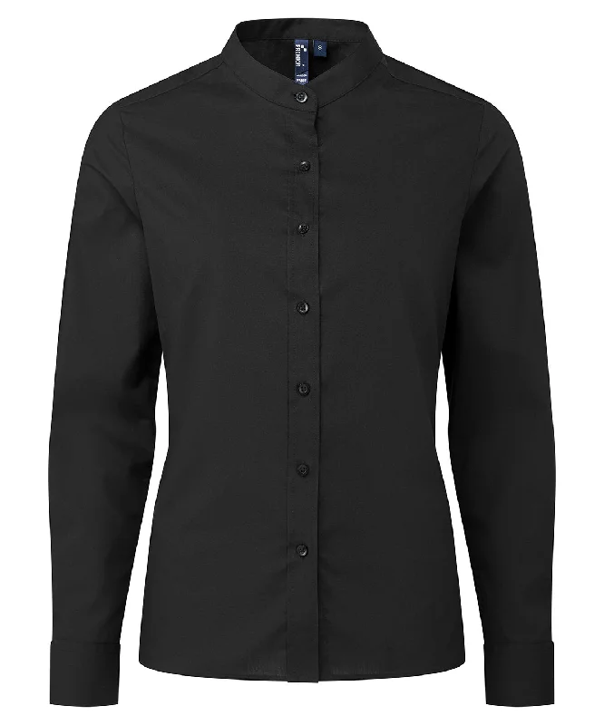 Black - Women's banded collar 'grandad' shirt Satin Fabric Silk Fabric Chiffon Fabric