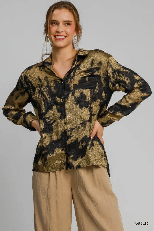 Collared Metallic Shirt Hooded Caped Shawl Collar