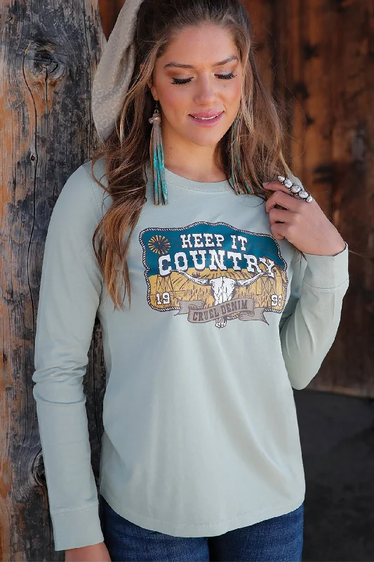 Women's Long Sleeve Keep It Country Tee - Green - (CTK7459005) Collared Crew Neck Turtle Neck Women's Long Sleeve Keep It Country Tee - Green - (CTK7459005) Collared Crew Neck Turtle Neck