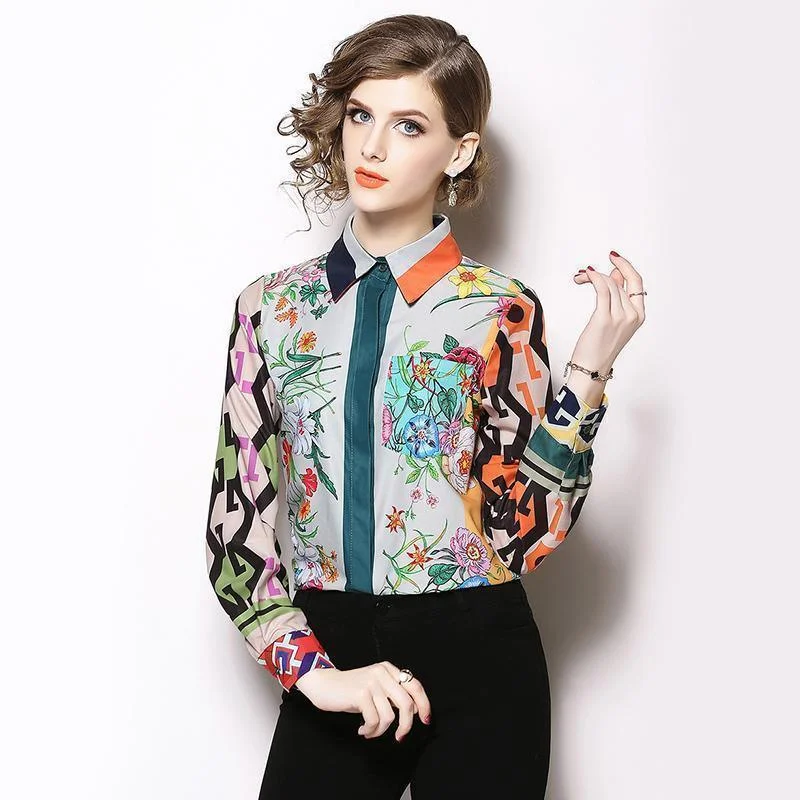 Floral Silk Shirt For Women Graphic Embroidered Appliqued