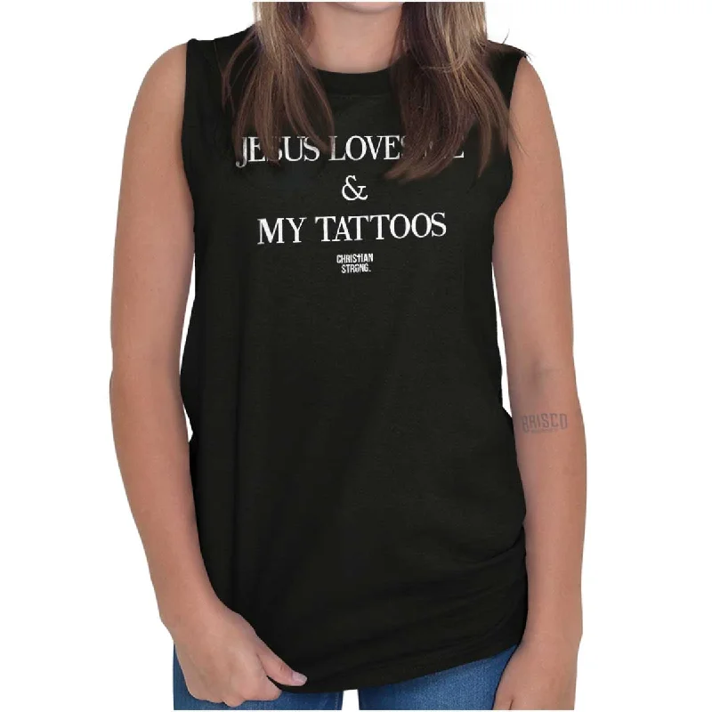 Jesus Loves My Tattoos Sleeveless T-Shirt Embroidered Appliqued Beaded