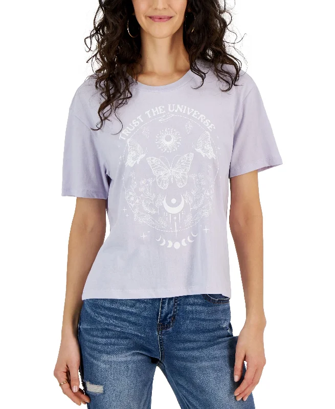 Juniors' Butterfly Graphic Crewneck T-Shirt Polka Dot Checkered Tartan
