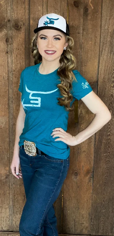 Ladies Teal Tee Embroidered Appliqued Beaded