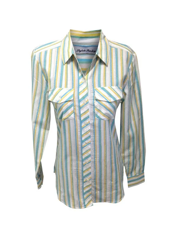 Ladies Long Sleeve, Light Weight, Cotton Stripe Shirt. Blue/White. Style# 150302A Collared Crew Neck Turtle Neck Ladies Long Sleeve, Light Weight, Cotton Stripe Shirt. Blue/White. Style# 150302A Collared Crew Neck Turtle Neck