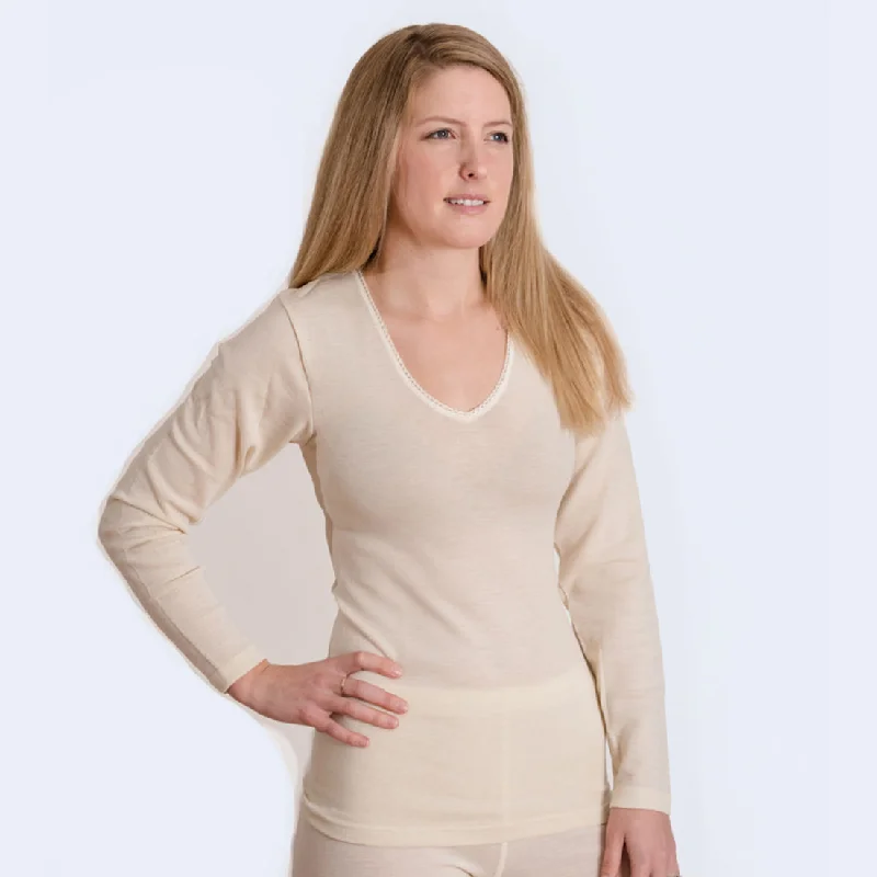 HOCOSA Organic Merino Wool Women's Long-Sleeve V-Neck Undershirt Fleece Fabric Down Fabric Feather Fabric HOCOSA Organic Merino Wool Women's Long-Sleeve V-Neck Undershirt Fleece Fabric Down Fabric Feather Fabric