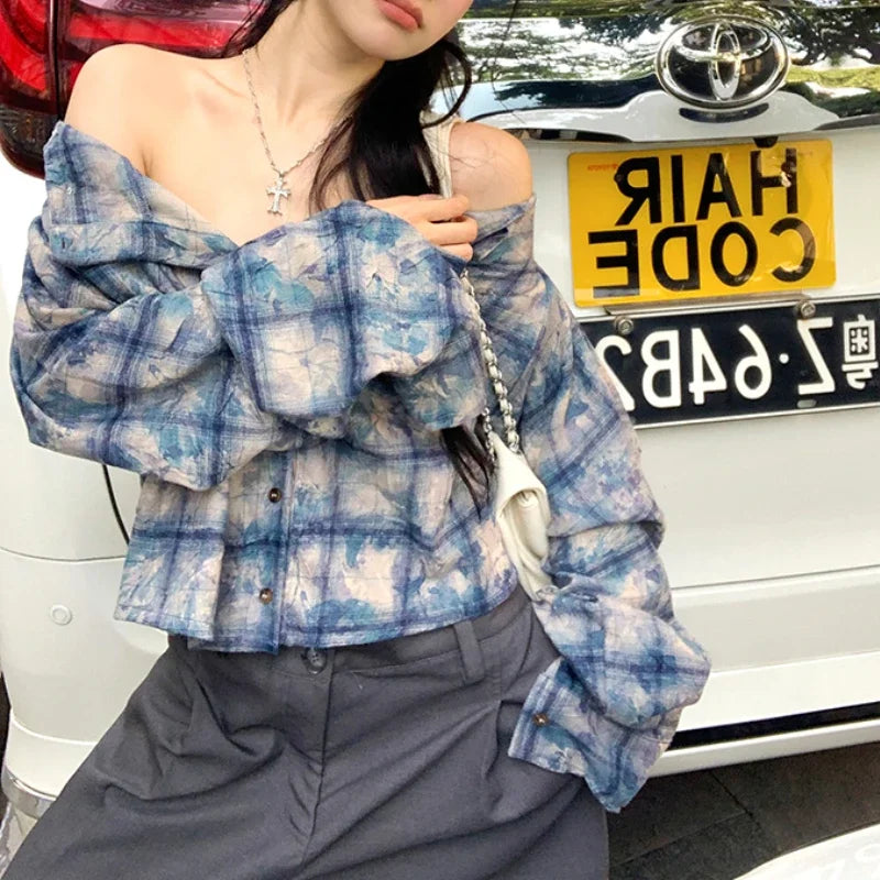 Lunivop Streetwear Contrast Color Plaid Casual Long-sleeved Shirt Women Autumn New American Off-shoulder Single-breasted Loose Tops Mesh Blend Leather Blend Suede Blend Lunivop Streetwear Contrast Color Plaid Casual Long-sleeved Shirt Women Autumn New American Off-shoulder Single-breasted Loose Tops Mesh Blend Leather Blend Suede Blend