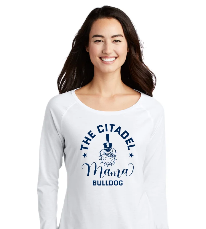 The Citadel, Mama Bulldog Spike Ladies Long Sleeve Tri-Blend Wicking Scoop Neck Raglan Tee Shirt Chenille Fabric Brocade Fabric Lace Fabric The Citadel, Mama Bulldog Spike Ladies Long Sleeve Tri-Blend Wicking Scoop Neck Raglan Tee Shirt Chenille Fabric Brocade Fabric Lace Fabric
