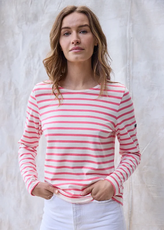 MINQUIDAME - Breton Striped Shirt with Long Sleeve | Soft Cotton | Women Fit (IVORY / PINK) Fitted T-Shirt Seamless Stretchy