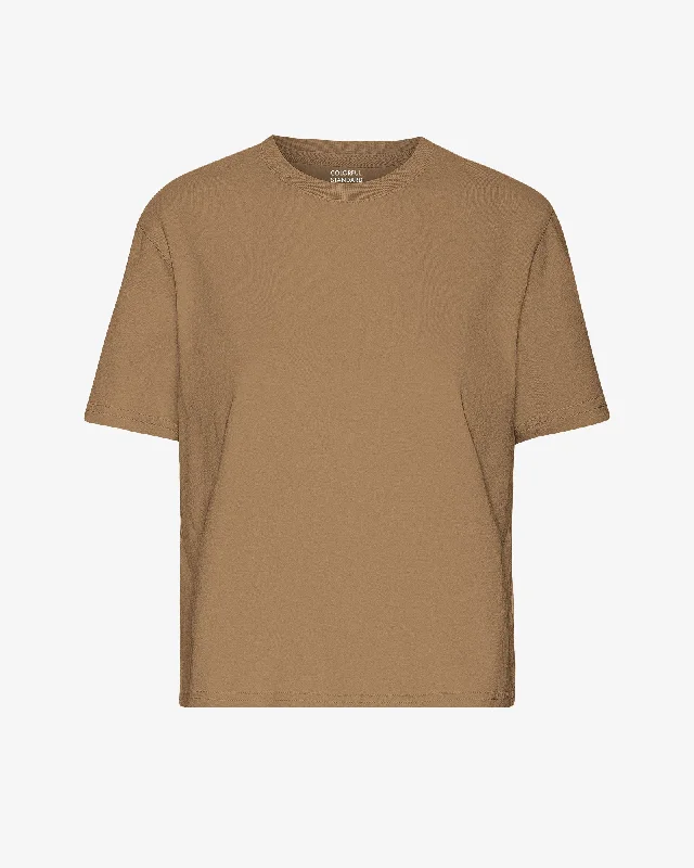 Organic Boxy Crop Tee - Sahara Camel Hooded Caped Shawl Collar