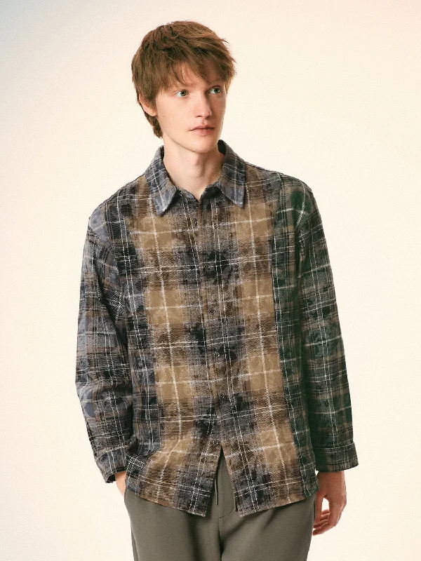 Plaid Button Up Loose Shirts Mesh Blend Leather Blend Suede Blend