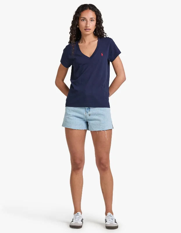 V Neck Short Sleeve T-Shirt - Cruise Navy Striped Floral Plaid