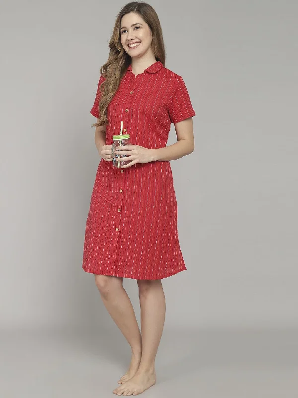Red Strip Knee Length Cotton Sleep Shirt Cotton Fabric Linen Fabric Terry Fabric