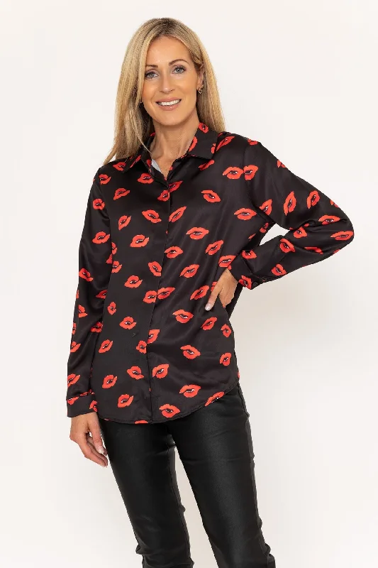 Sateen Black & Red Lip Print Shirt Chenille Blend Fleece Blend Nylon Blend