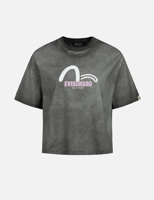 Seagull Print and Stitching Washed T-shirt Mesh Fabric Canvas Fabric Denim Fabric