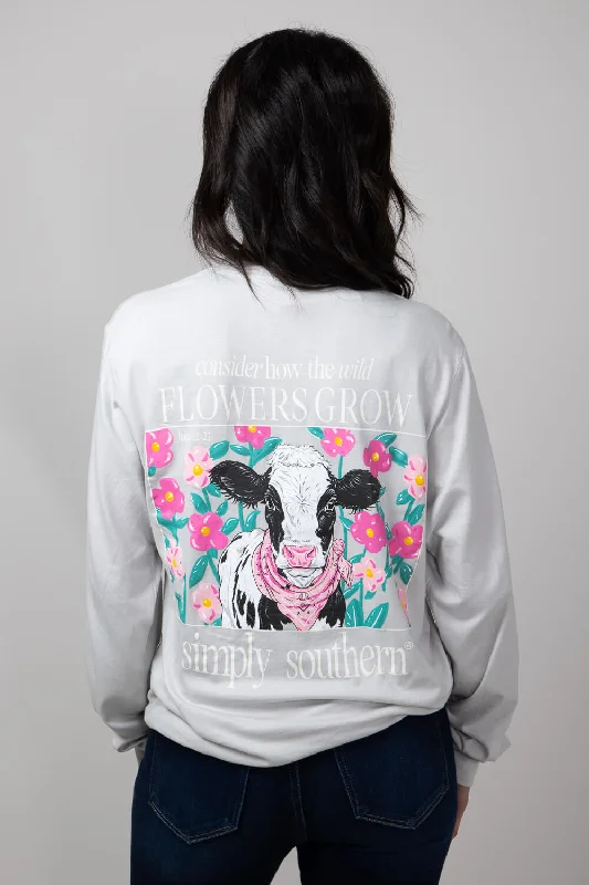 Simply Southern Long Sleeve Flowers Cow T-Shirt for Women in White Water | LS-COW-WHITEWATER Solid Print Embellished Simply Southern Long Sleeve Flowers Cow T-Shirt for Women in White Water | LS-COW-WHITEWATER Solid Print Embellished