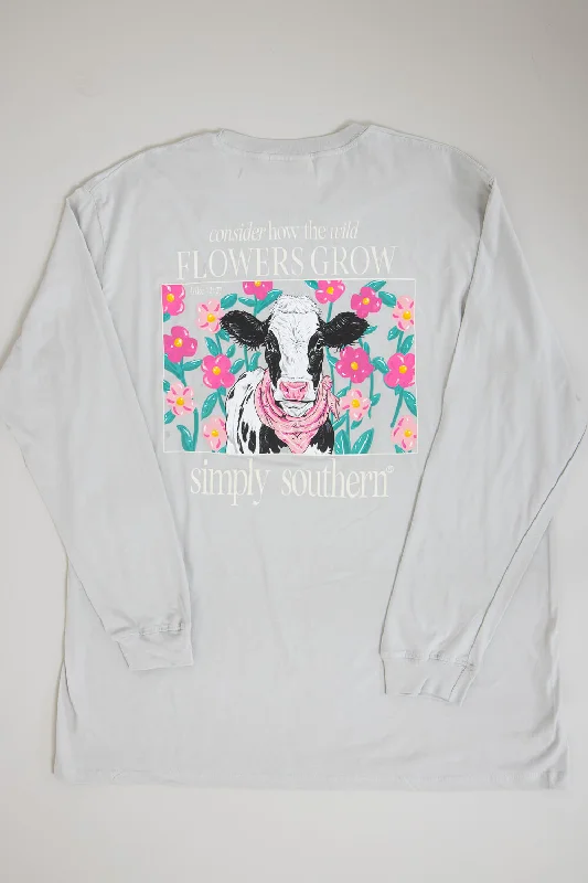 Simply Southern Plus Size Long Sleeve Flowers Cow T-Shirt for Women in White Water | EXT-LS-COW-WHITEWATER Solid Print Embellished Simply Southern Plus Size Long Sleeve Flowers Cow T-Shirt for Women in White Water | EXT-LS-COW-WHITEWATER Solid Print Embellished