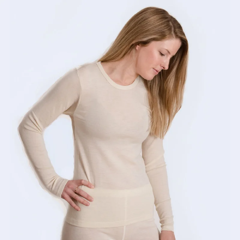HOCOSA Organic Merino Wool Long-Sleeve Undershirt for Men or Women, Round-neck, in Natural White Thin T-Shirt Open Front Quick Dry HOCOSA Organic Merino Wool Long-Sleeve Undershirt for Men or Women, Round-neck, in Natural White Thin T-Shirt Open Front Quick Dry