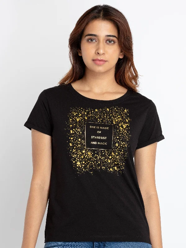 Womens Printed Round Neck T-shirt Lace Blend Ribbed Blend Corduroy Blend