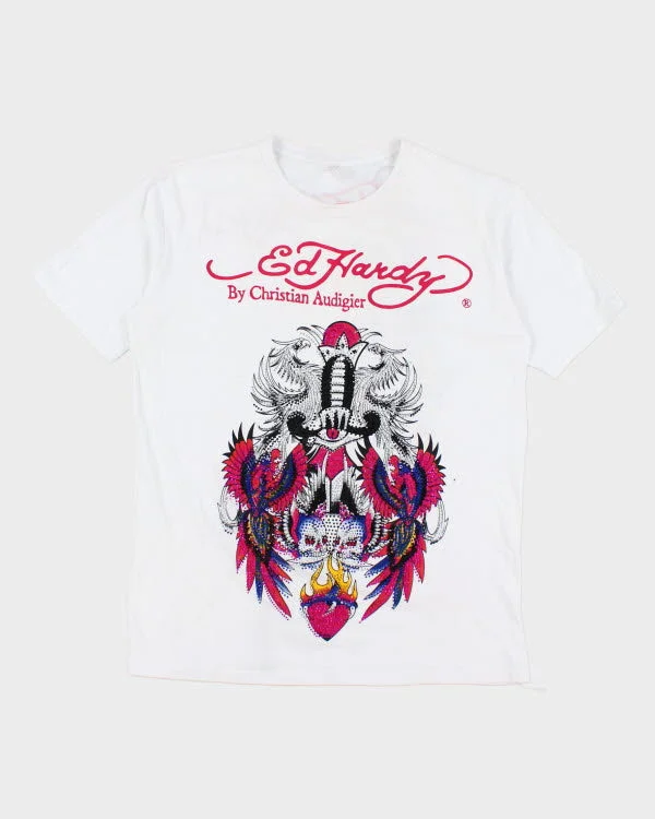 Vintage Y2K Ed Hardy Sequined Graphic T-Shirt - L V-Neck T-Shirt Long Sleeve Cotton