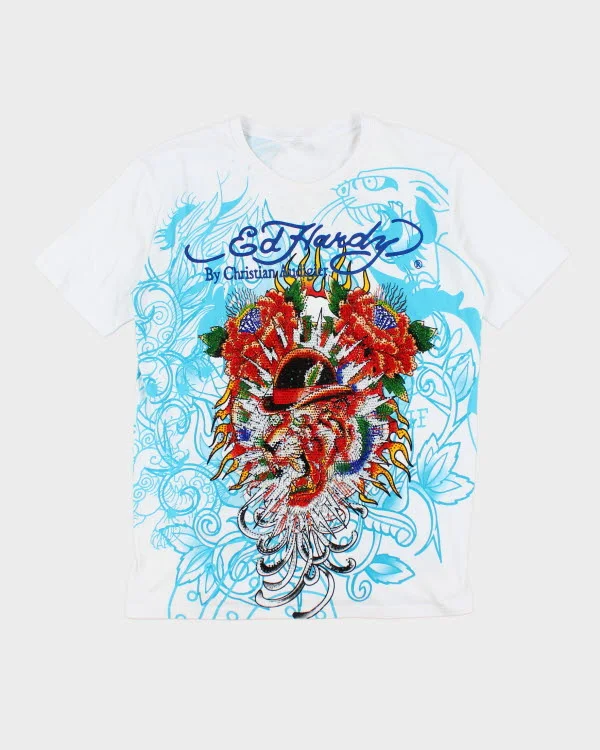 Vintage Y2K Ed Hardy Sequined Graphic T-Shirt - XL Zippered Buttoned Snapped