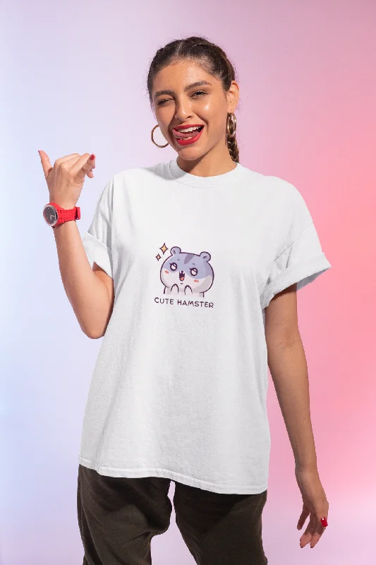 Women Oversized White T-shirt with Front Print Cute Hamster Welt Pockets Slit Pockets Flap Pockets