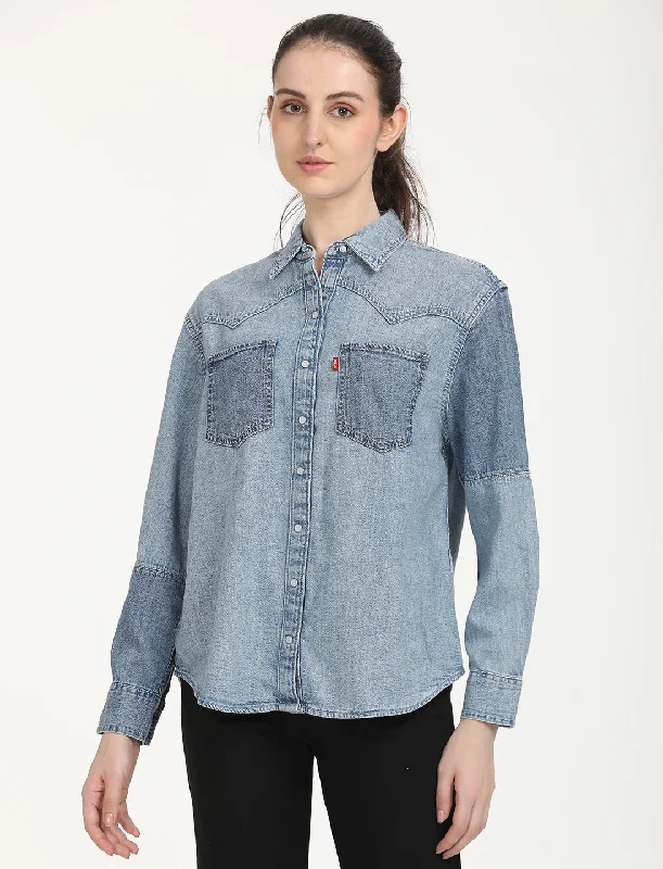Women's Colorblock Relaxed Fit Shirt Collared Crew Neck Turtle Neck