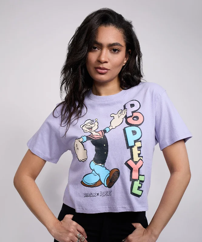Womens Popeye Short Sleeve Cropped Tee - Lilac Graphic Embroidered Appliqued