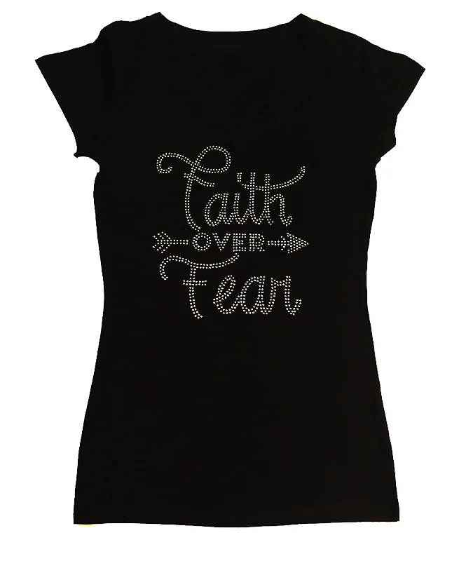 Women's Rhinestone Fitted Tight Snug Shirt Faith Over Fear in AB Modern Contemporary Chic Women's Rhinestone Fitted Tight Snug Shirt Faith Over Fear in AB Modern Contemporary Chic
