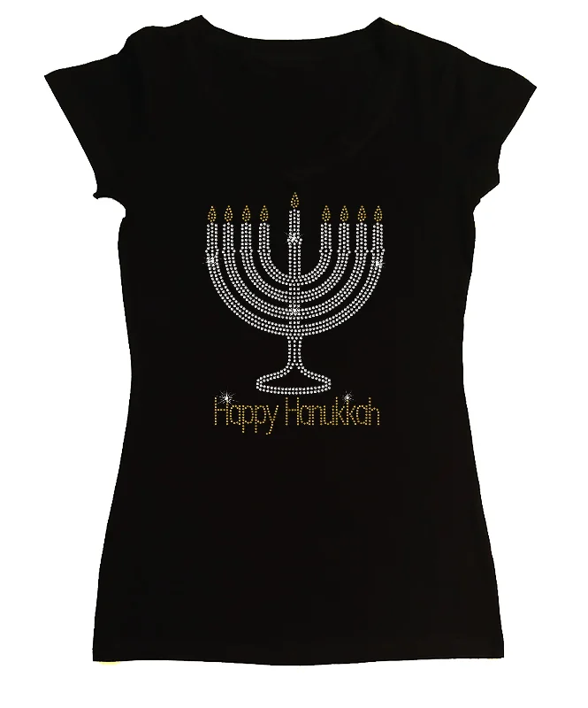 Women's Rhinestone Fitted Tight Snug Shirt Happy Hanukkah with Menorah - Holiday Shirt Polka Dot Checkered Tartan Women's Rhinestone Fitted Tight Snug Shirt Happy Hanukkah with Menorah - Holiday Shirt Polka Dot Checkered Tartan