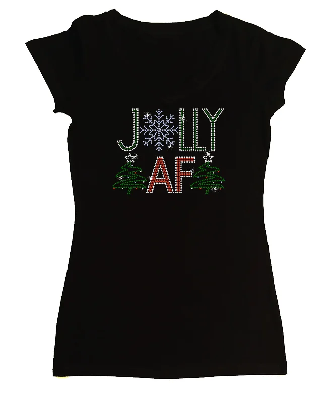 Women's Rhinestone Fitted Tight Snug Shirt Jolly AF - Christmas Shirt Graphic Embroidered Appliqued Women's Rhinestone Fitted Tight Snug Shirt Jolly AF - Christmas Shirt Graphic Embroidered Appliqued