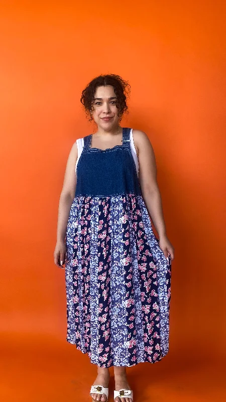 1990s Denim & Floral Overall Maxi Dress, sz. M Comfortable Casual Maxi Dress