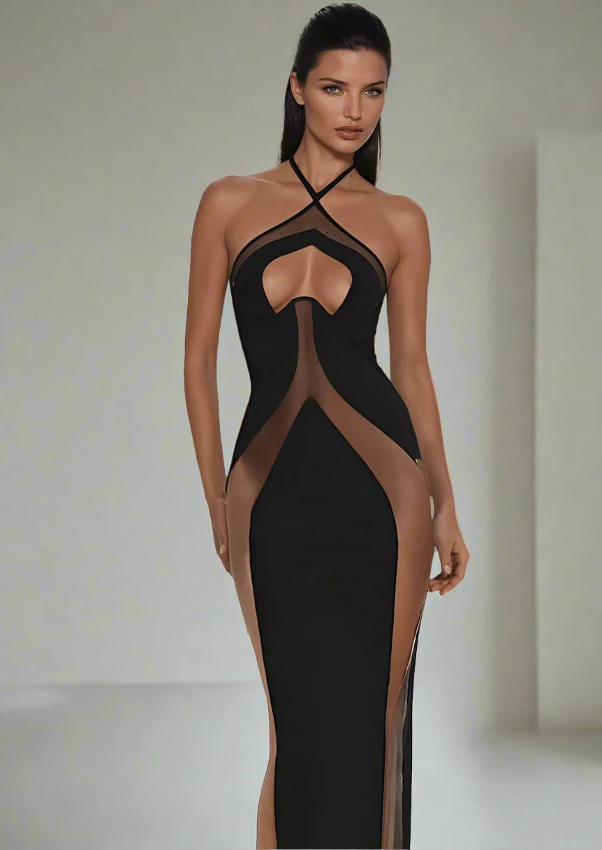 A&A Casablanca Hollow Out Mesh Bodycon Maxi Dress Comfortable Maxi Dress with Slits