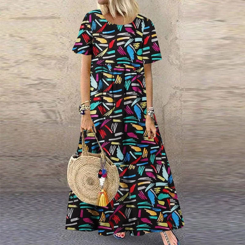 Abstract Short Sleeve Maxi Dress Stylish Pleated A-Line Maxi Dress