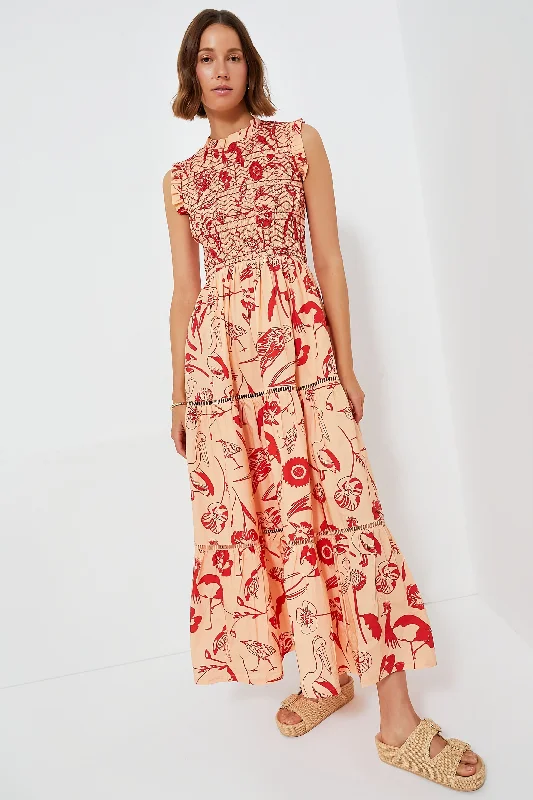 Audubon Red Sleeveless Smocked Maxi Dress Trendy Floral Print Maxi Dress